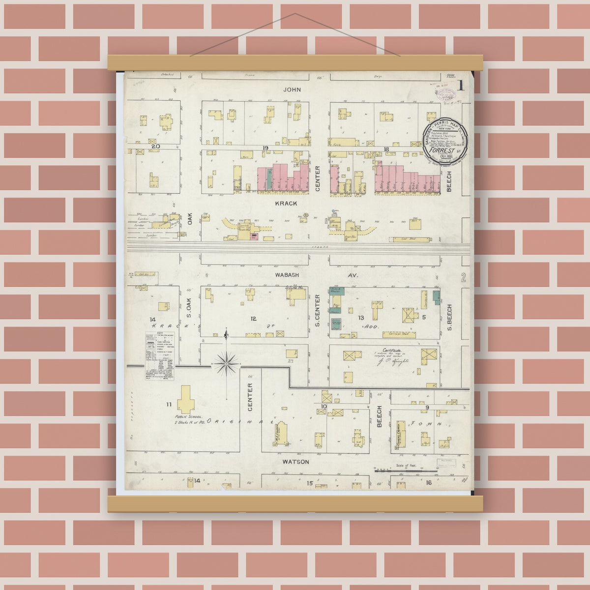 Old map wall art mockup — magnetic wood frame on brick wall — Sanborn Fire Insurance Map from Forrest, Livingston County, Illinois (1893) - Complete Map Set