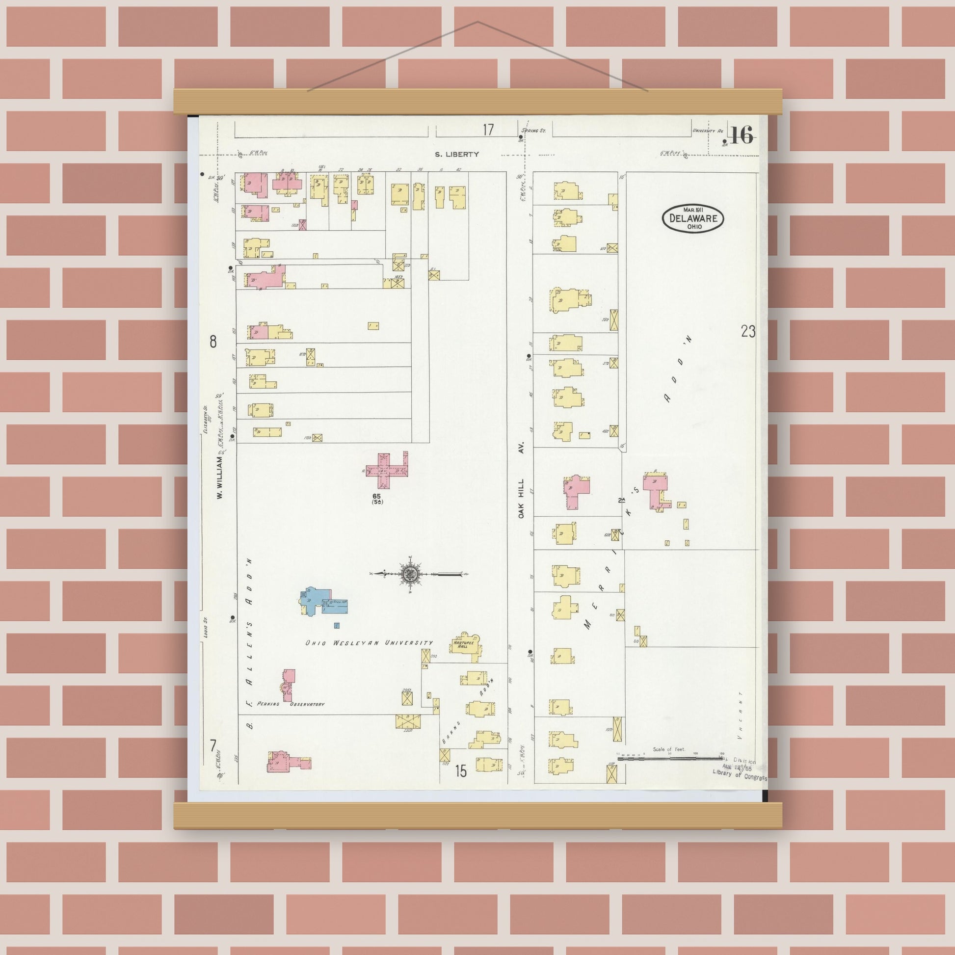 Old map wall art mockup — magnetic wood frame on brick wall — Sanborn Fire Insurance Map from Delaware, Delaware County, Ohio (1911), Sheet #0016