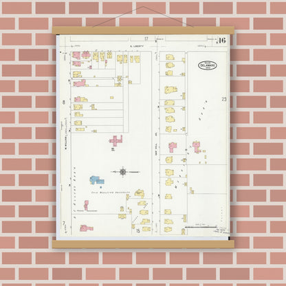 Old map wall art mockup — magnetic wood frame on brick wall — Sanborn Fire Insurance Map from Delaware, Delaware County, Ohio (1911), Sheet #0016