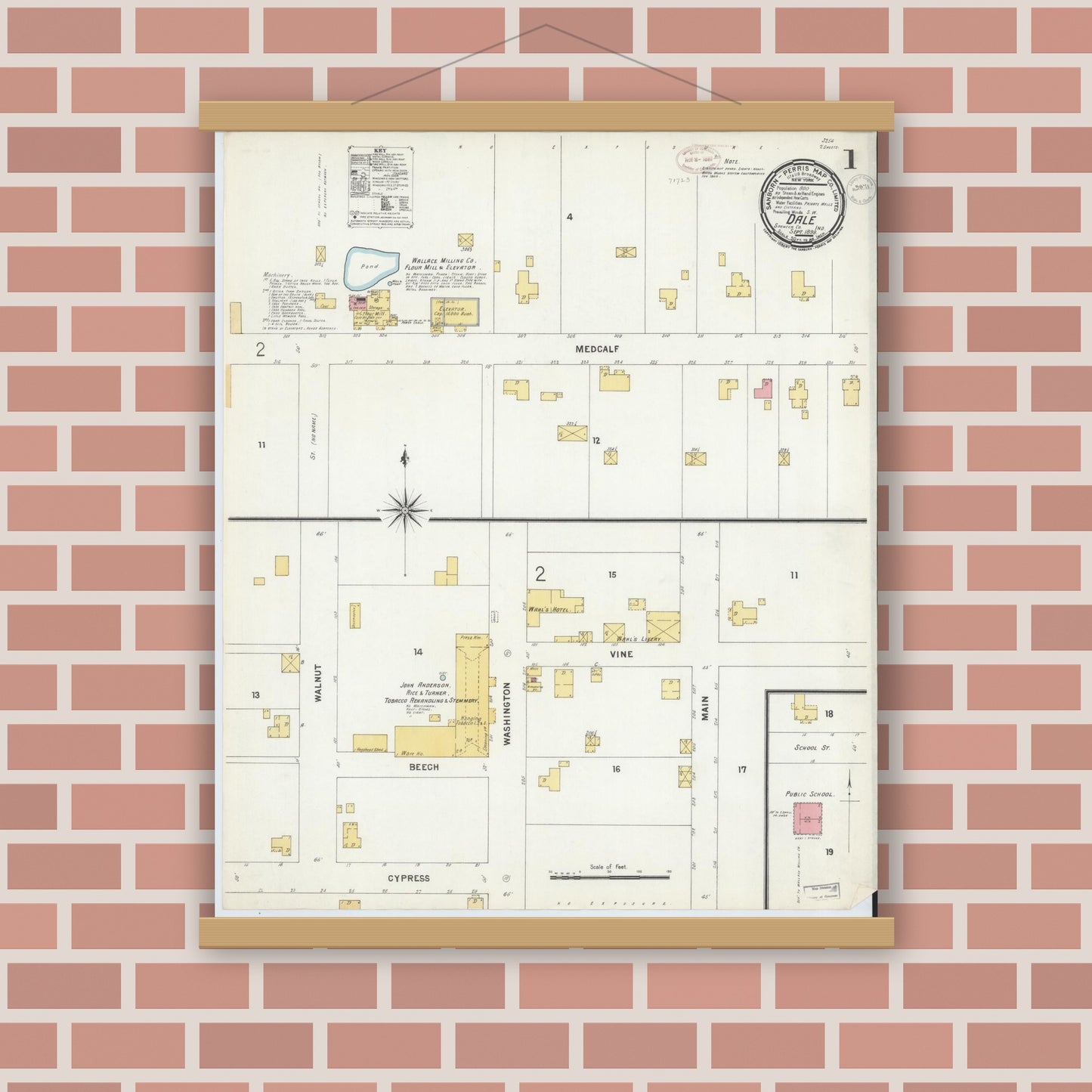 Old map wall art mockup — magnetic wood frame on brick wall — Sanborn Fire Insurance Map from Dale, Spencer County, Indiana (1899) - Complete Map Set