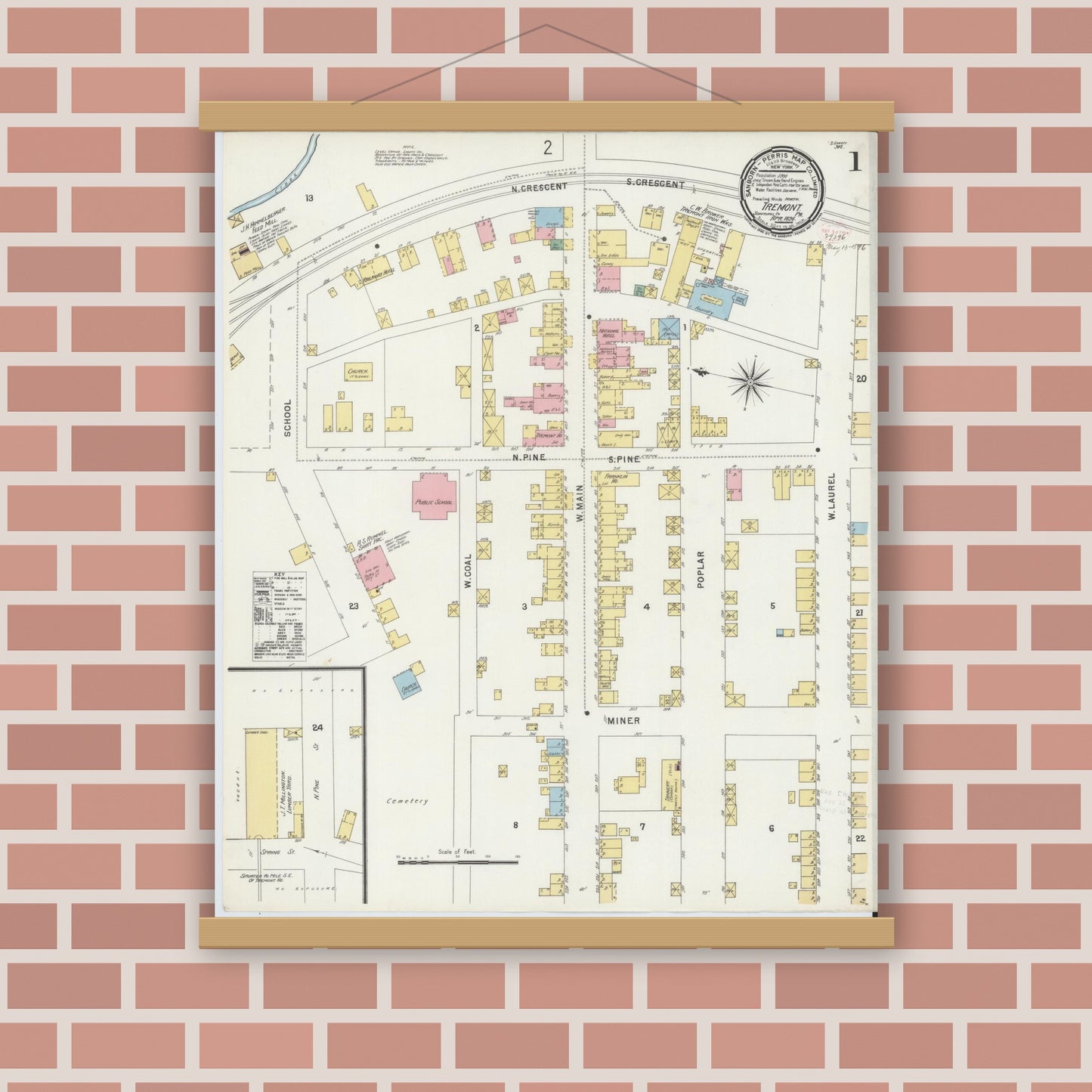 Old map wall art mockup — magnetic wood frame on brick wall — Sanborn Fire Insurance Map from Tremont, Schuylkill County, Pennsylvania (1896) - Complete Map Set