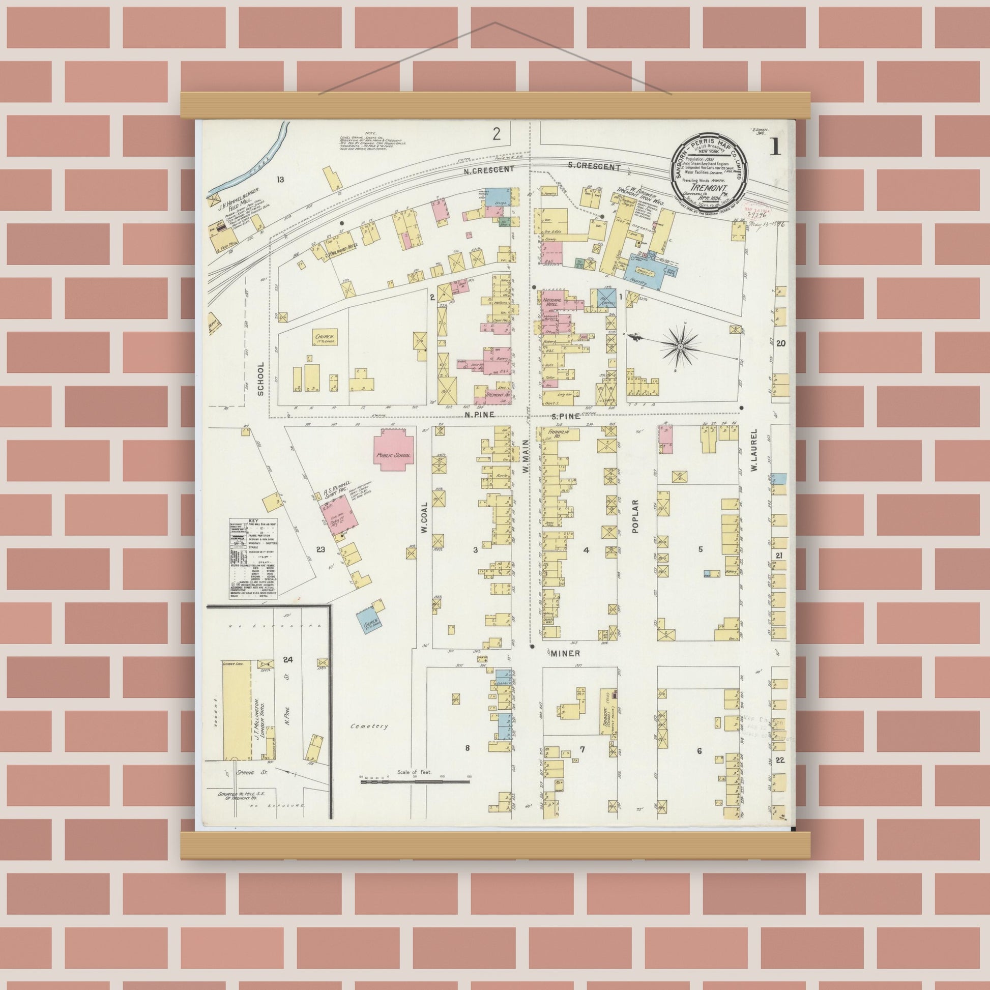 Old map wall art mockup — magnetic wood frame on brick wall — Sanborn Fire Insurance Map from Tremont, Schuylkill County, Pennsylvania (1896) - Complete Map Set