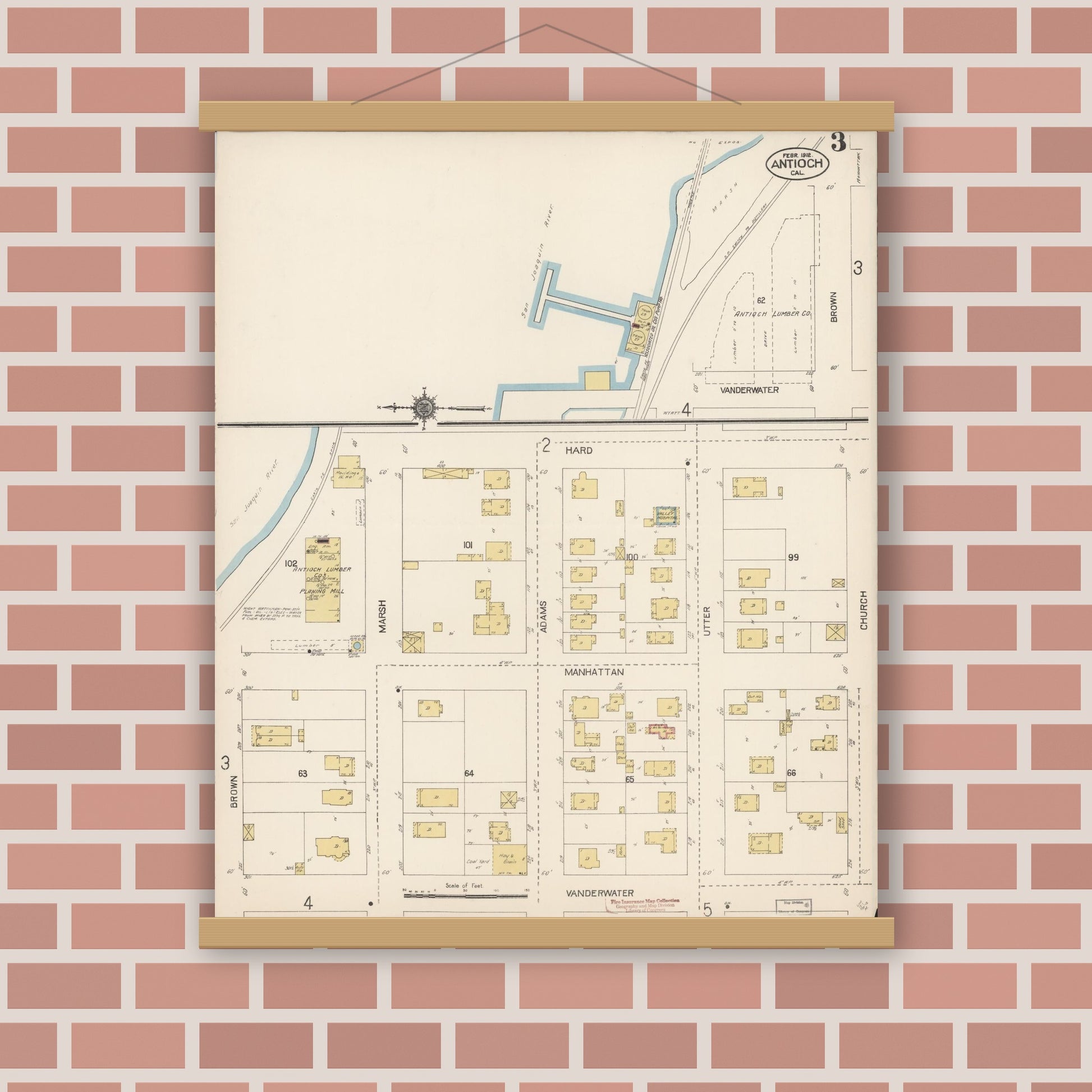 Old map wall art mockup — magnetic wood frame on brick wall — Sanborn Fire Insurance Map from Antioch, Contra Costa County, California (1912), Sheet #0003