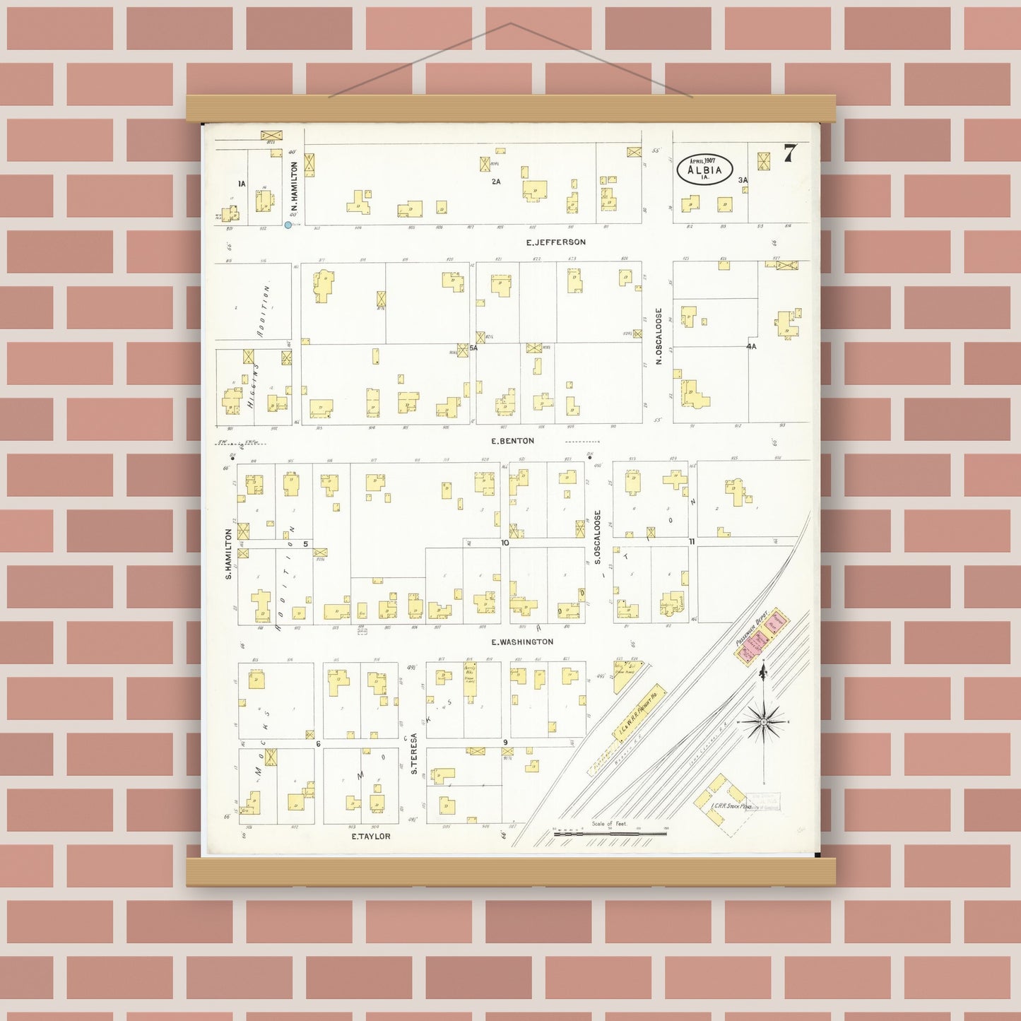 Old map wall art mockup — magnetic wood frame on brick wall — Sanborn Fire Insurance Map from Albia, Monroe County, Iowa (1907), Sheet #0007