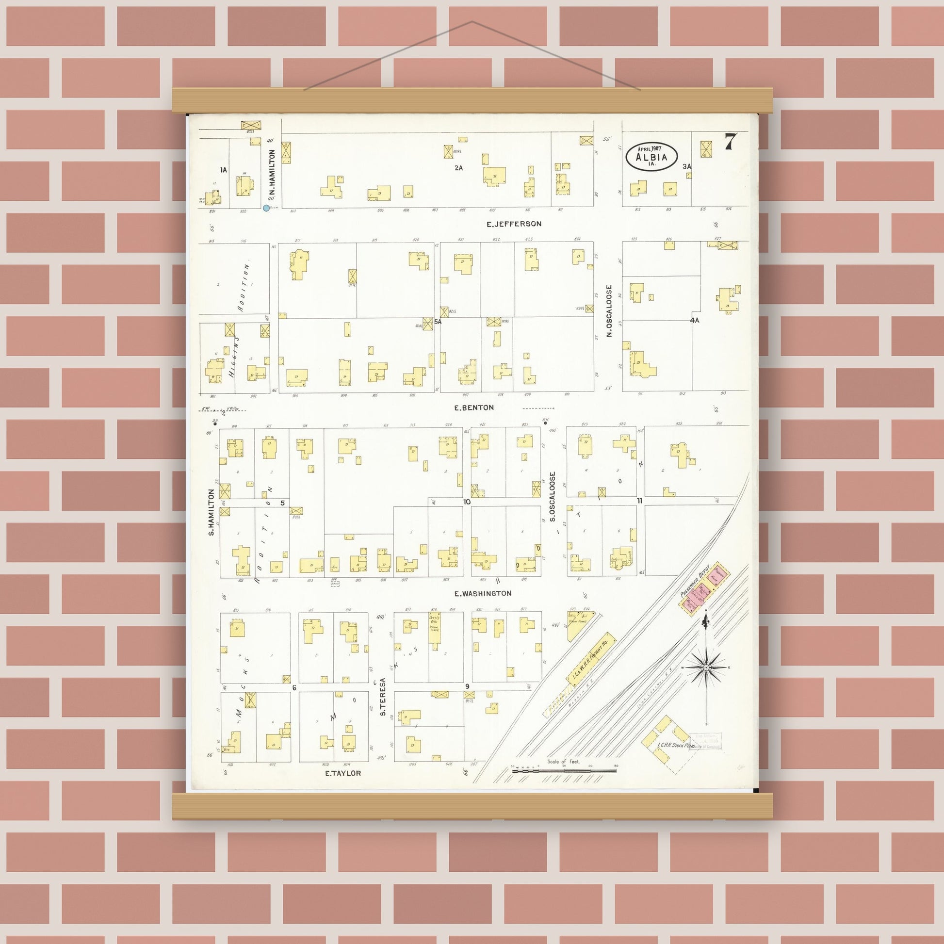 Old map wall art mockup — magnetic wood frame on brick wall — Sanborn Fire Insurance Map from Albia, Monroe County, Iowa (1907), Sheet #0007