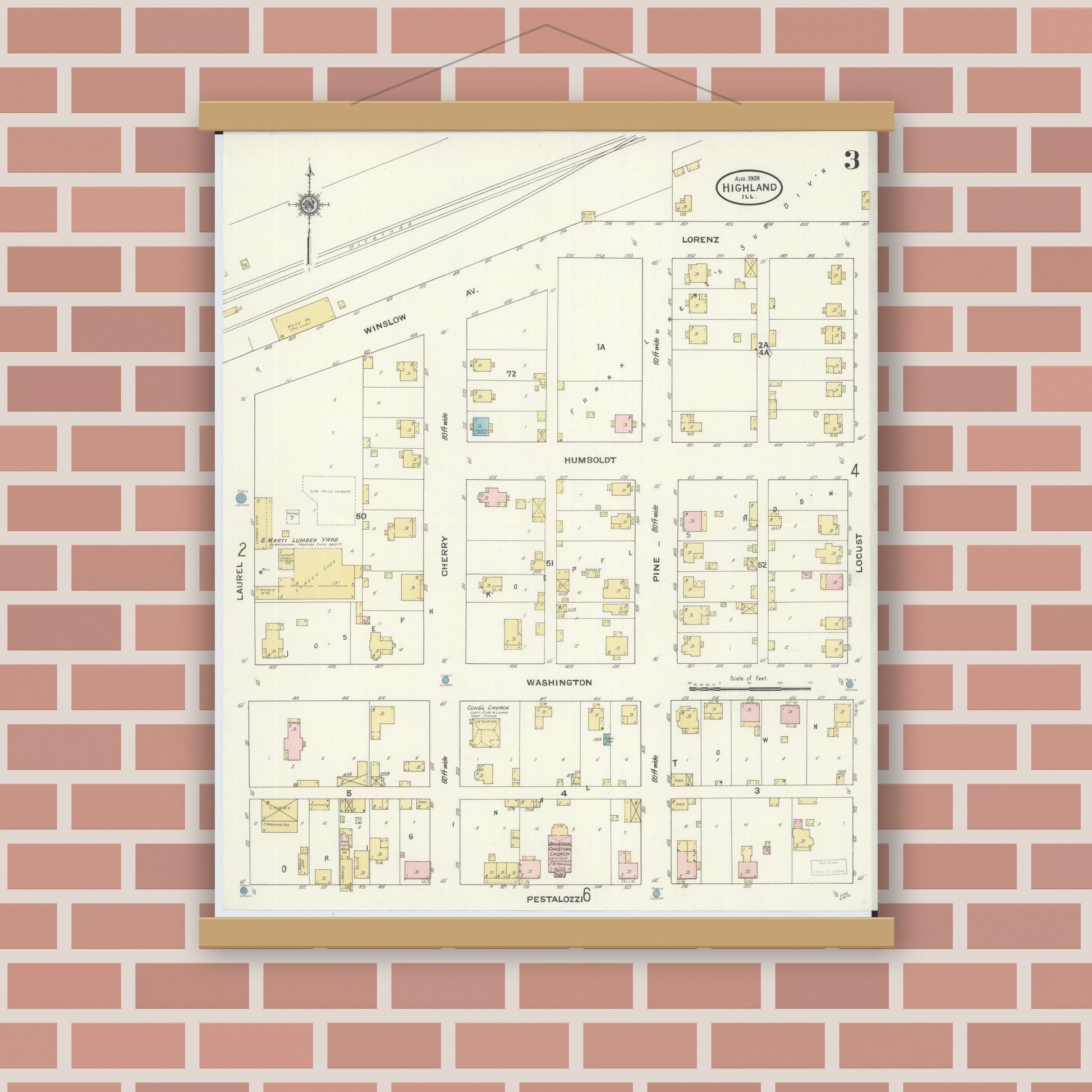 Old map wall art mockup — magnetic wood frame on brick wall — Sanborn Fire Insurance Map from Highland, Madison County, Illinois (1908), Sheet #0003