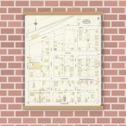 Old map wall art mockup — magnetic wood frame on brick wall — Sanborn Fire Insurance Map from Highland, Madison County, Illinois (1908), Sheet #0003