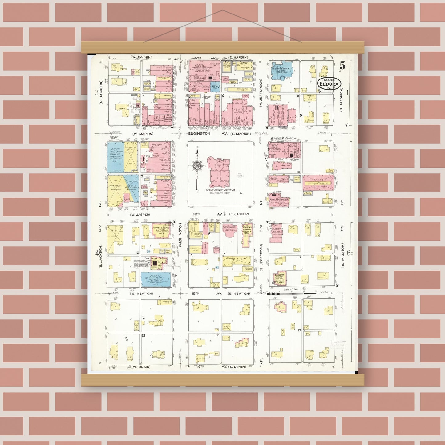 Old map wall art mockup — magnetic wood frame on brick wall — Sanborn Fire Insurance Map from Eldora, Hardin County, Iowa (1915), Sheet #0005