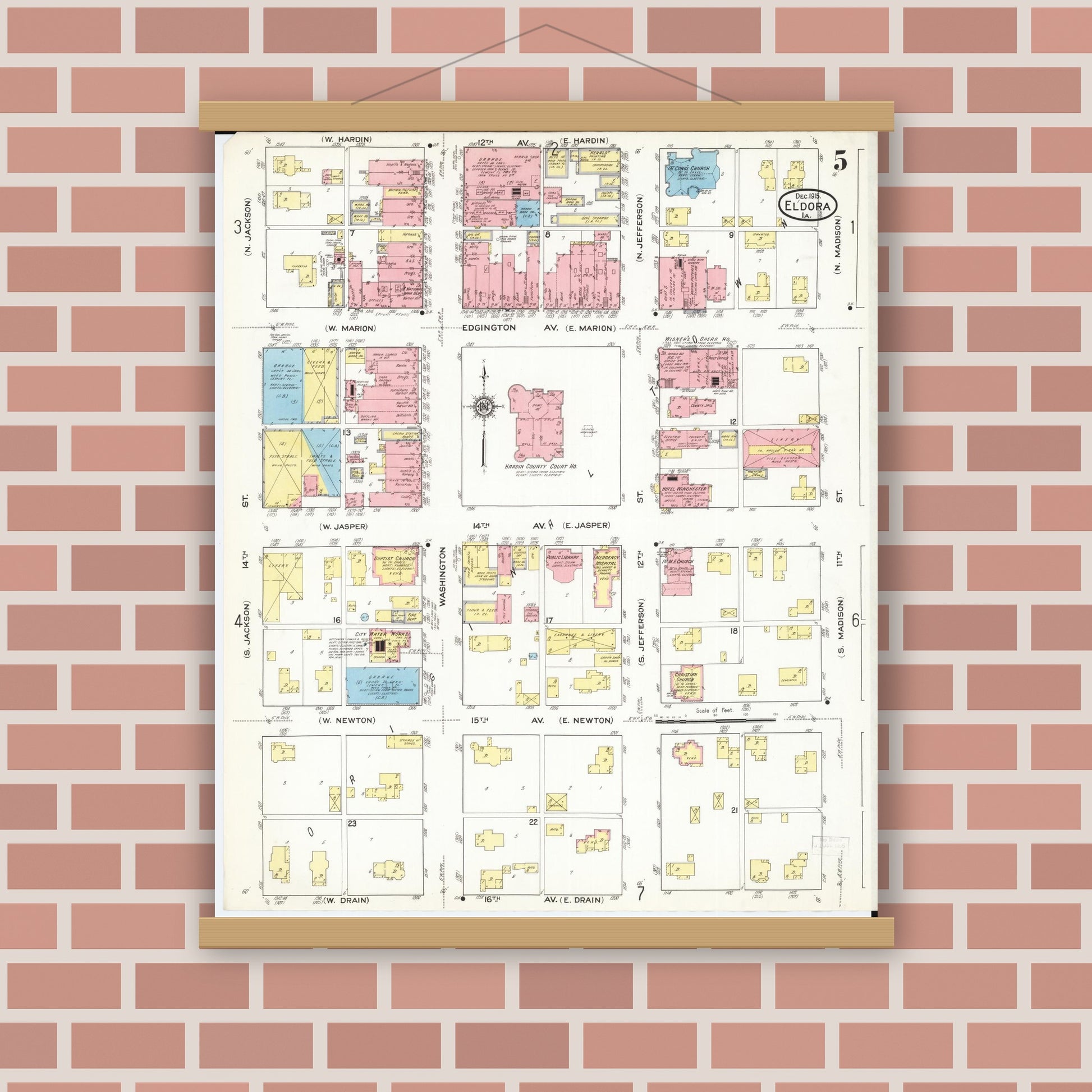 Old map wall art mockup — magnetic wood frame on brick wall — Sanborn Fire Insurance Map from Eldora, Hardin County, Iowa (1915), Sheet #0005