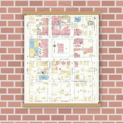 Old map wall art mockup — magnetic wood frame on brick wall — Sanborn Fire Insurance Map from Eldora, Hardin County, Iowa (1915), Sheet #0005