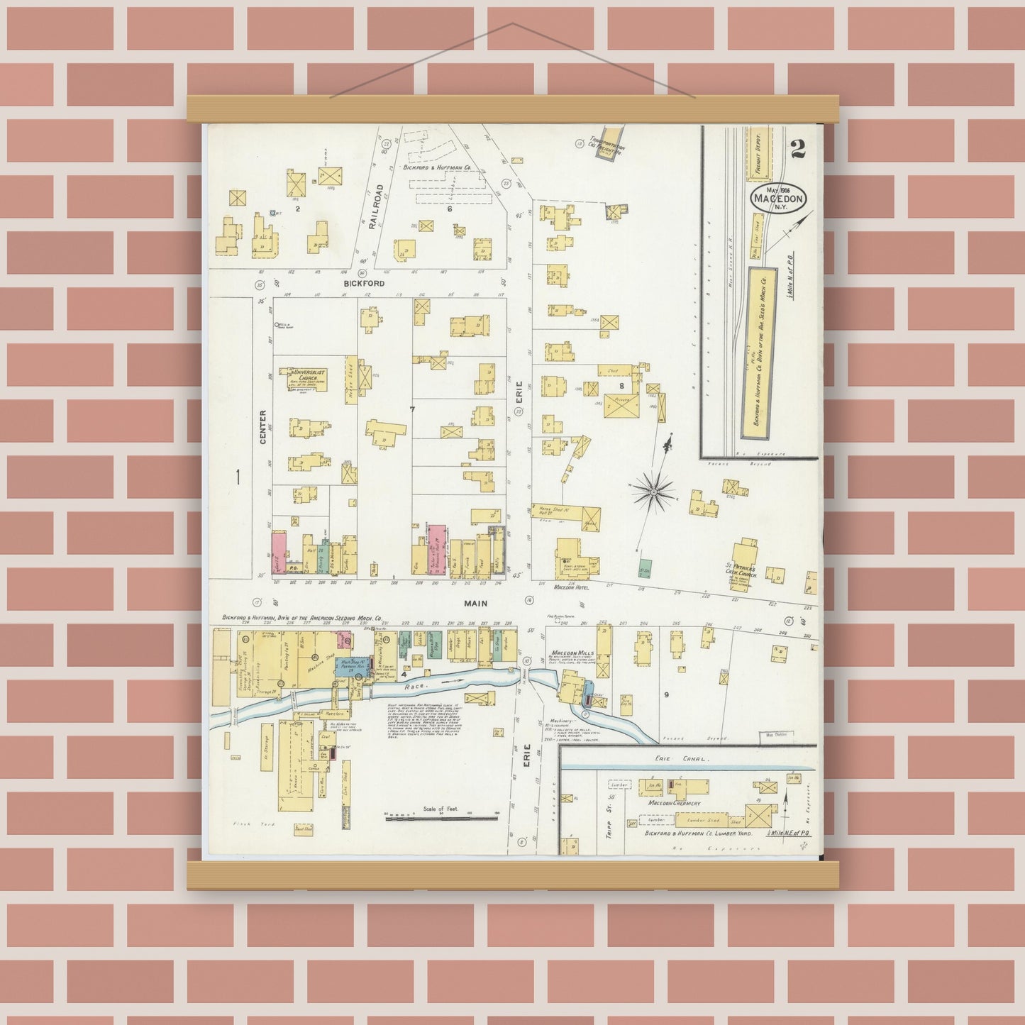 Old map wall art mockup — magnetic wood frame on brick wall — Sanborn Fire Insurance Map from Macedon, Wayne County, New York (1906), Sheet #0002