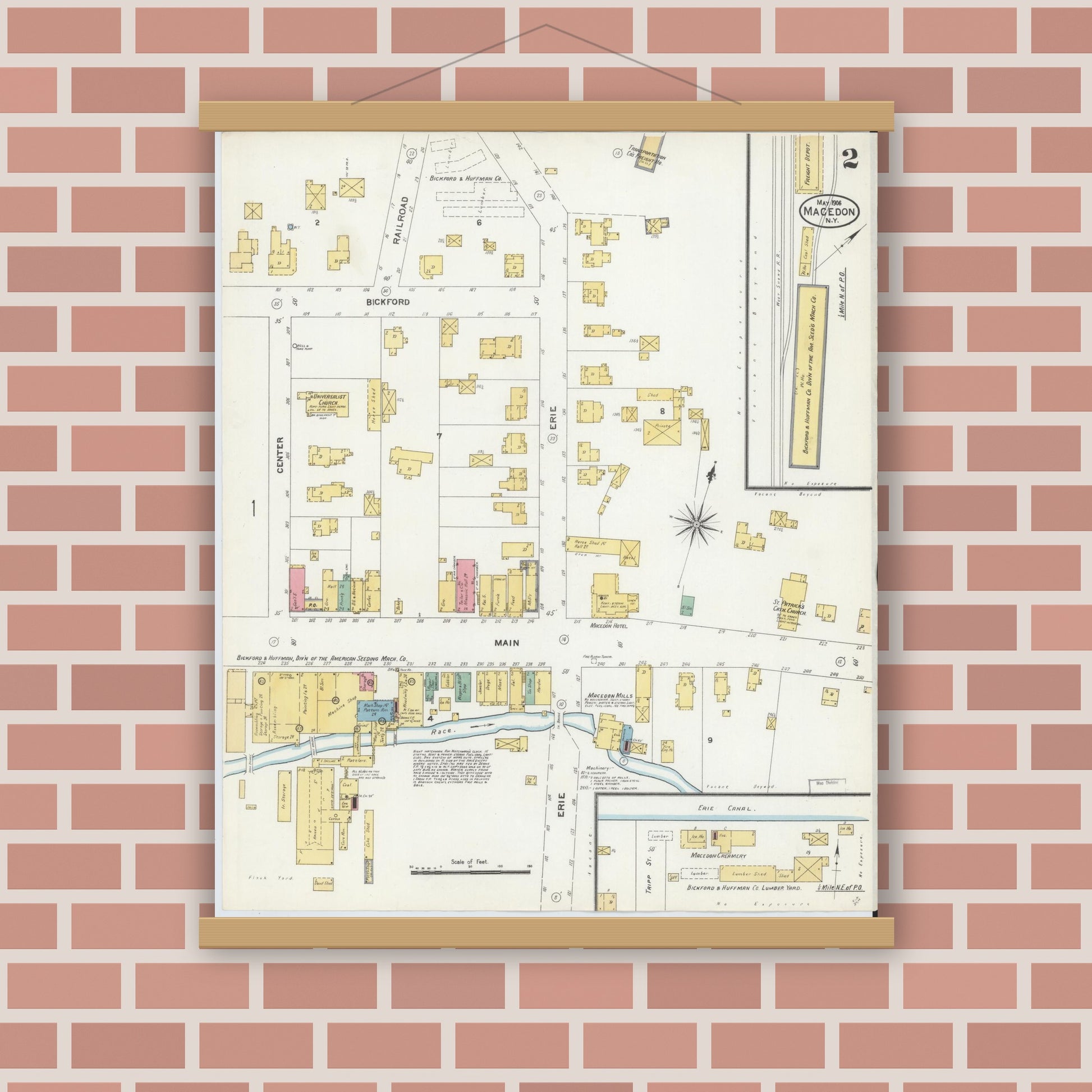 Old map wall art mockup — magnetic wood frame on brick wall — Sanborn Fire Insurance Map from Macedon, Wayne County, New York (1906), Sheet #0002