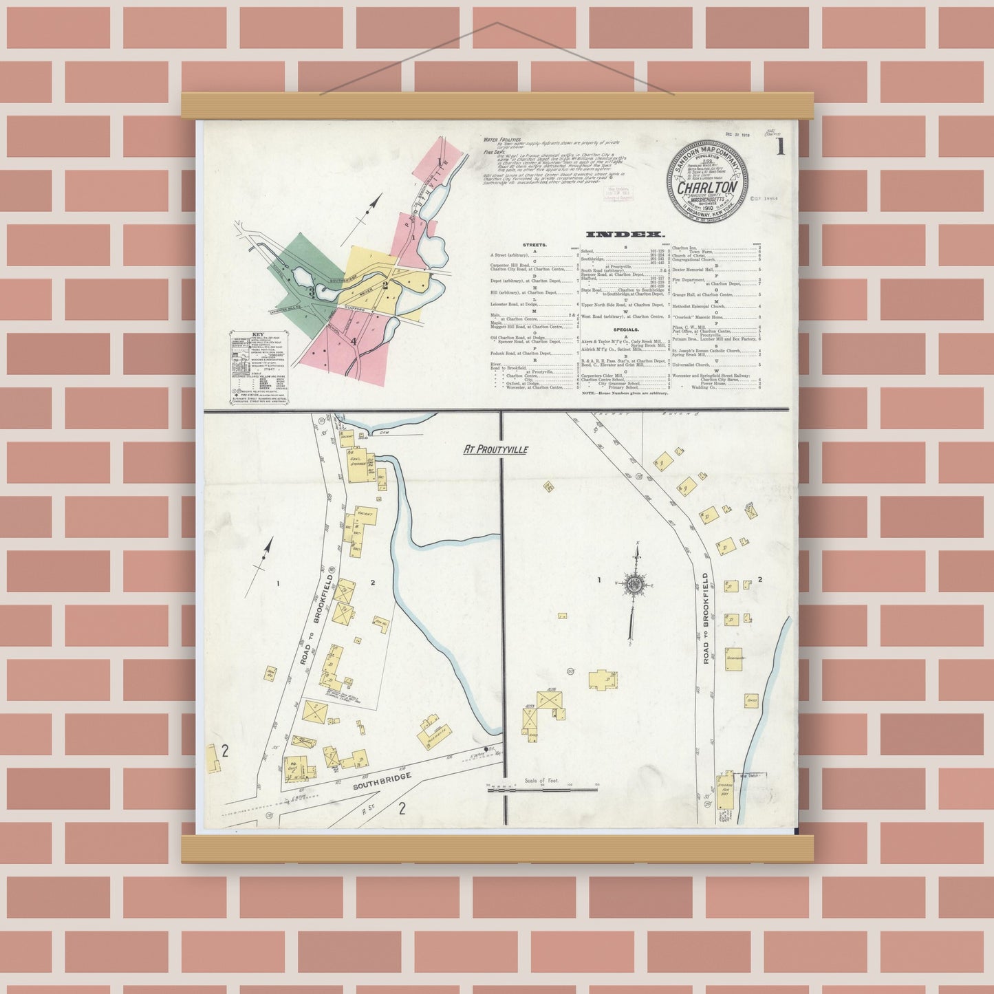 Old map wall art mockup — magnetic wood frame on brick wall — Sanborn Fire Insurance Map from Charlton, Worcester County, Massachusetts (1910), Sheet #0001