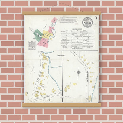 Old map wall art mockup — magnetic wood frame on brick wall — Sanborn Fire Insurance Map from Charlton, Worcester County, Massachusetts (1910), Sheet #0001