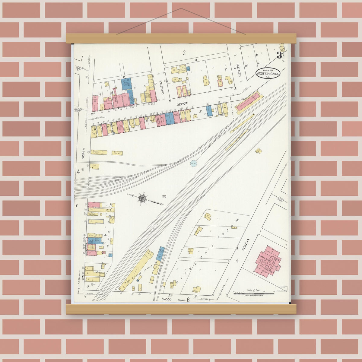 Old map wall art mockup — magnetic wood frame on brick wall — Sanborn Fire Insurance Map from West Chicago, Du Page County, Illinois (1923), Sheet #0003