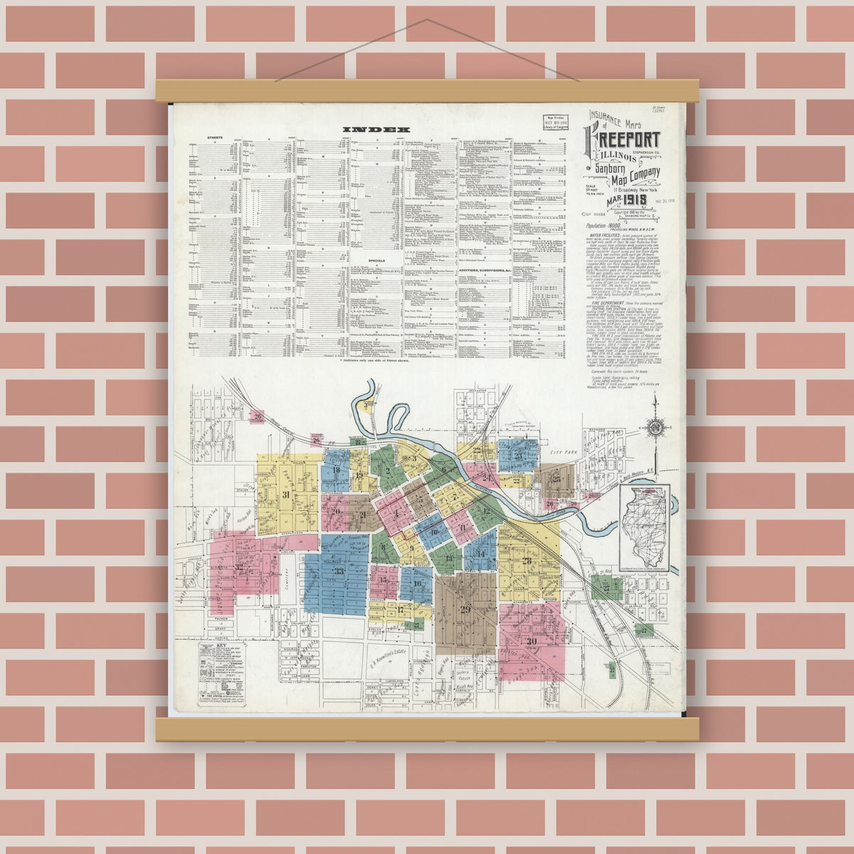 Old map wall art mockup — magnetic wood frame on brick wall — Sanborn Fire Insurance Map from Freeport, Stephenson County, Illinois (1918), Sheet #0001