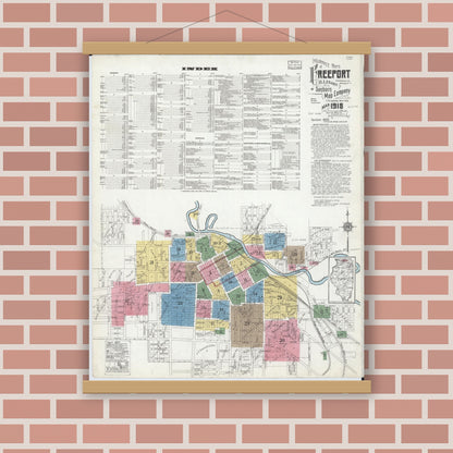 Old map wall art mockup — magnetic wood frame on brick wall — Sanborn Fire Insurance Map from Freeport, Stephenson County, Illinois (1918), Sheet #0001