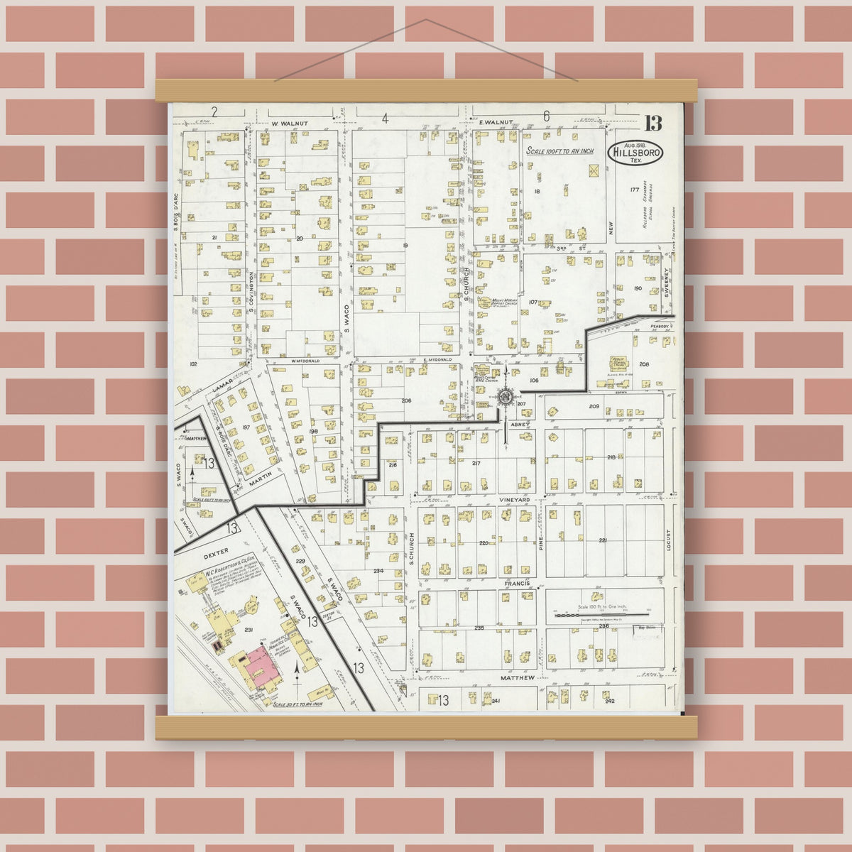 Old map wall art mockup — magnetic wood frame on brick wall — Sanborn Fire Insurance Map from Hillsboro, Hill County, Texas (1918), Sheet #0013