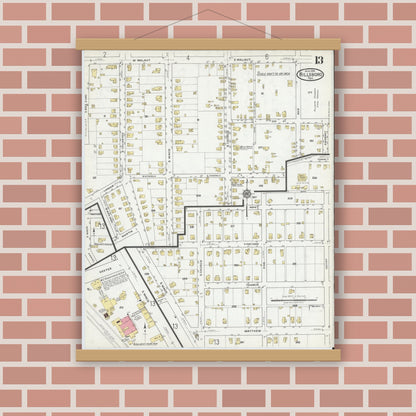 Old map wall art mockup — magnetic wood frame on brick wall — Sanborn Fire Insurance Map from Hillsboro, Hill County, Texas (1918), Sheet #0013