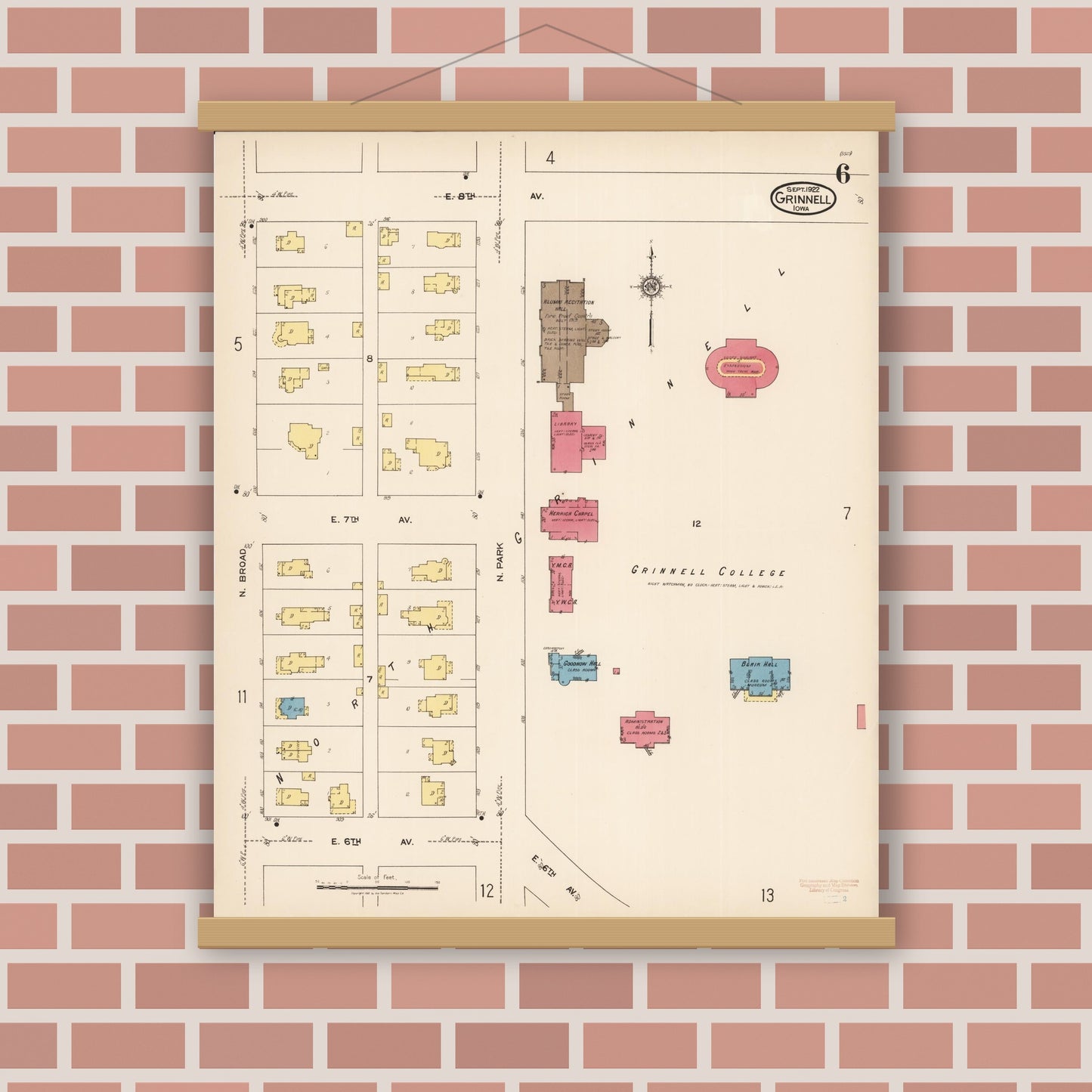 Old map wall art mockup — magnetic wood frame on brick wall — Sanborn Fire Insurance Map from Grinnell, Poweshiek County, Iowa (1922), Sheet #0006
