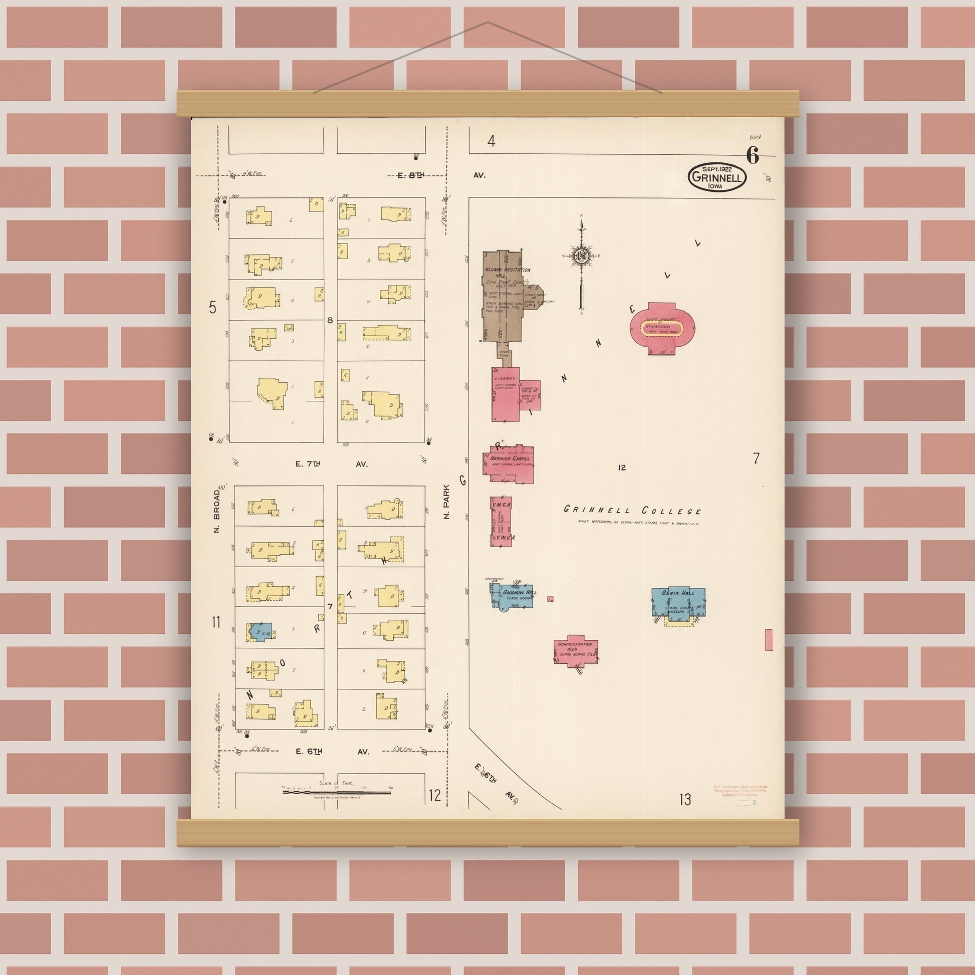 Old map wall art mockup — magnetic wood frame on brick wall — Sanborn Fire Insurance Map from Grinnell, Poweshiek County, Iowa (1922), Sheet #0006