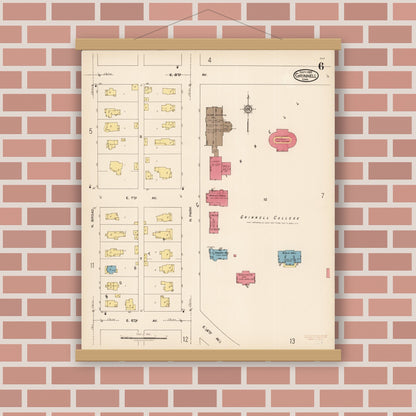 Old map wall art mockup — magnetic wood frame on brick wall — Sanborn Fire Insurance Map from Grinnell, Poweshiek County, Iowa (1922), Sheet #0006