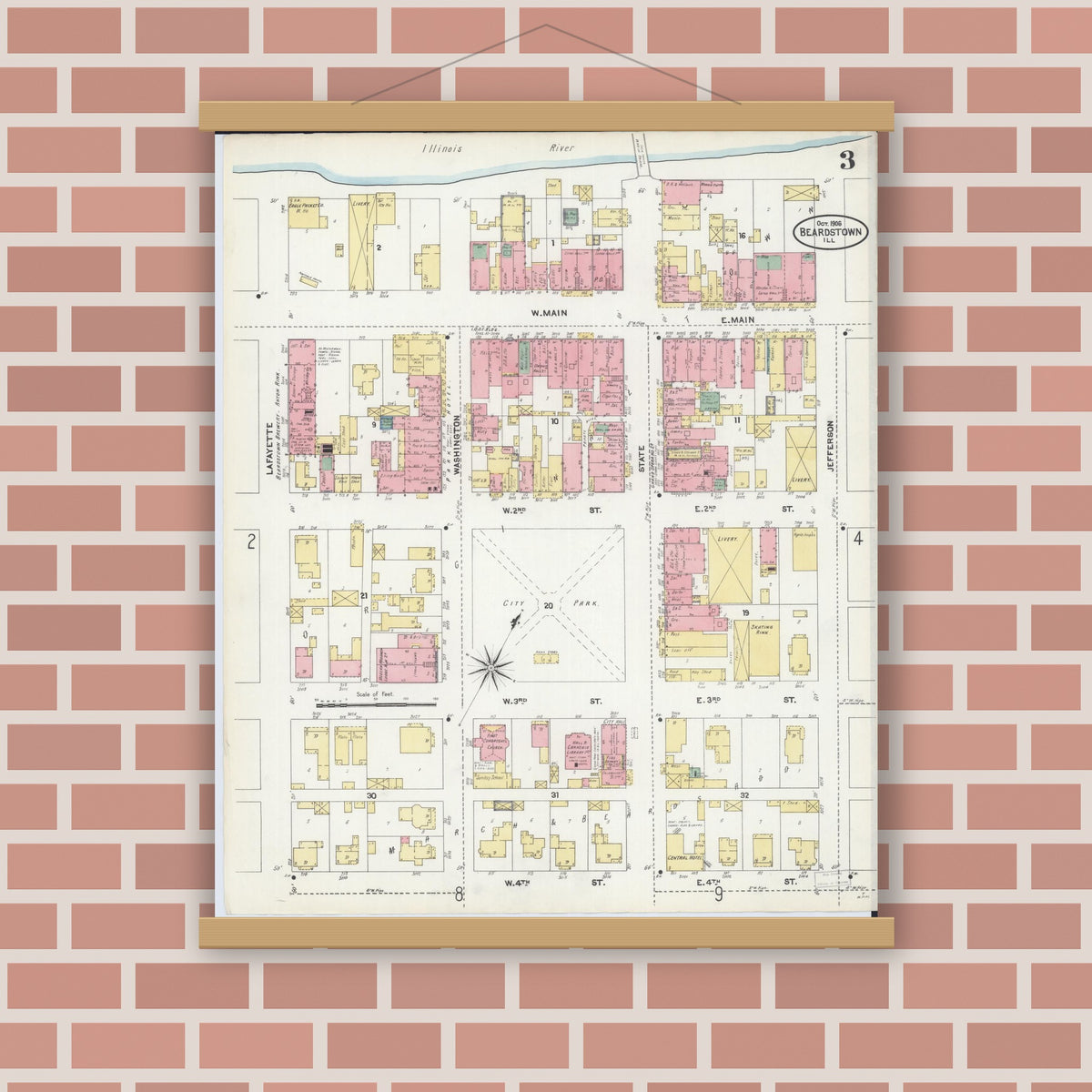 Old map wall art mockup — magnetic wood frame on brick wall — Sanborn Fire Insurance Map from Beardstown, Cass County, Illinois (1906), Sheet #0003