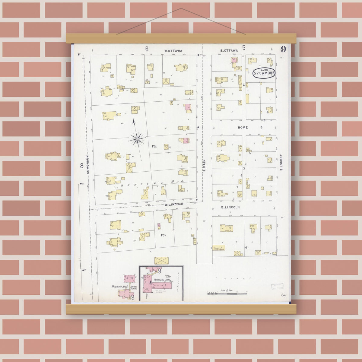 Old map wall art mockup — magnetic wood frame on brick wall — Sanborn Fire Insurance Map from Sycamore, De Kalb County, Illinois (1896), Sheet #0009