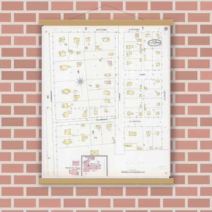 Old map wall art mockup — magnetic wood frame on brick wall — Sanborn Fire Insurance Map from Sycamore, De Kalb County, Illinois (1896), Sheet #0009