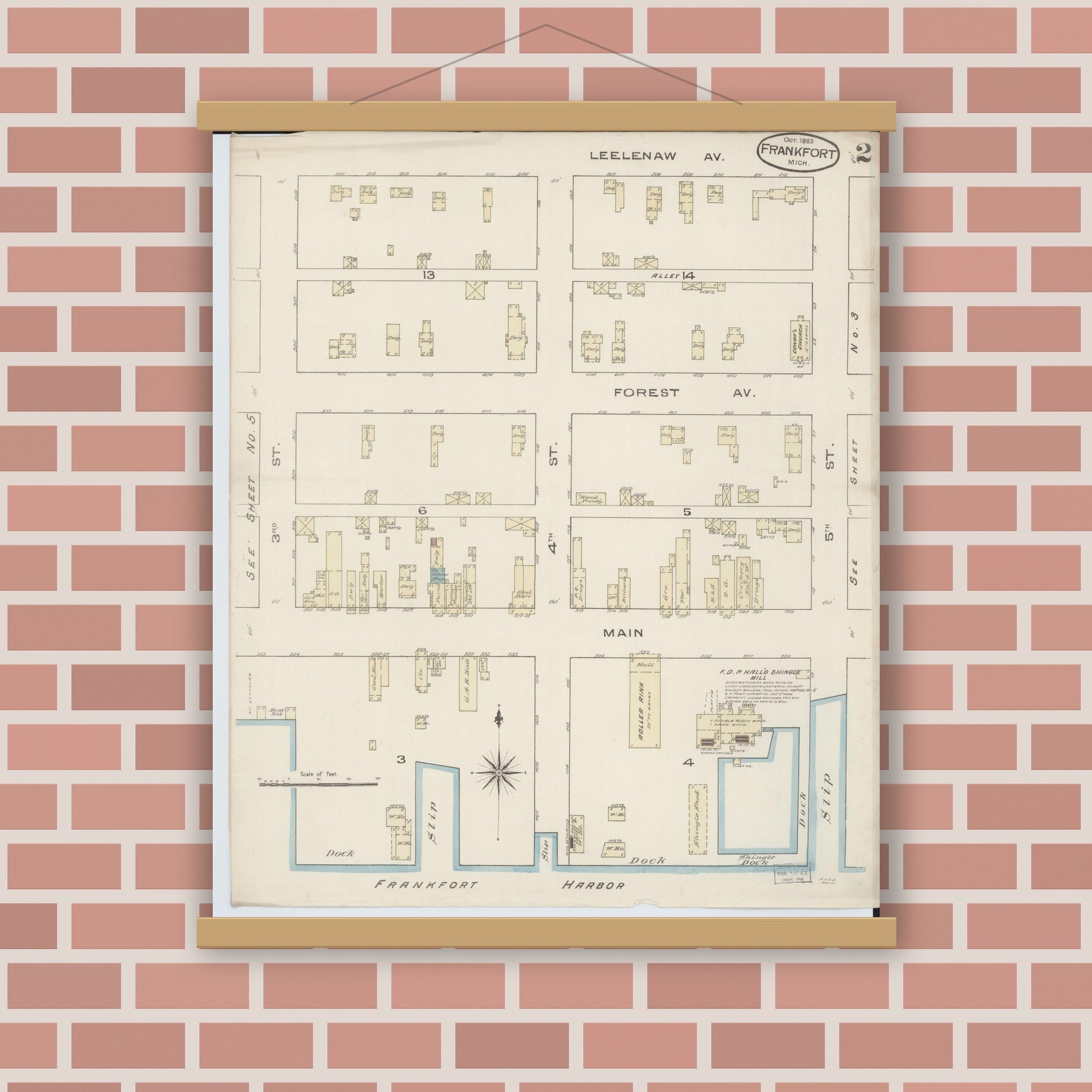 Old map wall art mockup — magnetic wood frame on brick wall — Sanborn Fire Insurance Map from Frankfort, Benzie County, Michigan (1885), Sheet #0002
