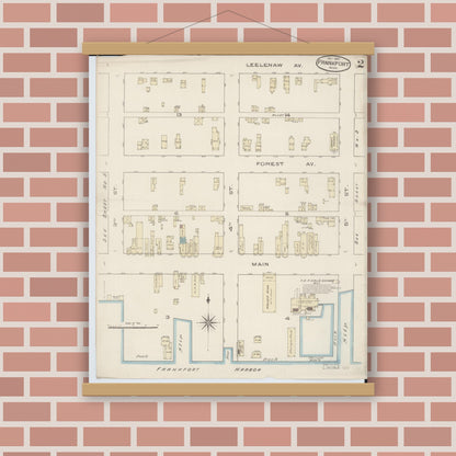Old map wall art mockup — magnetic wood frame on brick wall — Sanborn Fire Insurance Map from Frankfort, Benzie County, Michigan (1885), Sheet #0002
