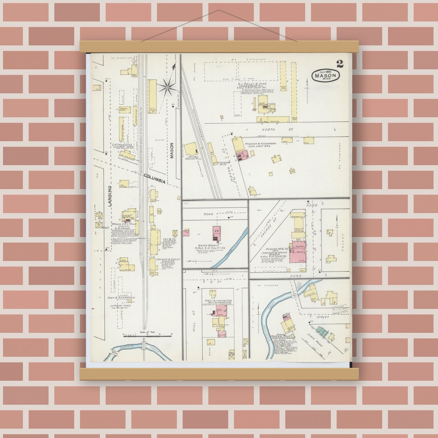 Old map wall art mockup — magnetic wood frame on brick wall — Sanborn Fire Insurance Map from Mason, Ingham County, Michigan (1892), Sheet #0002