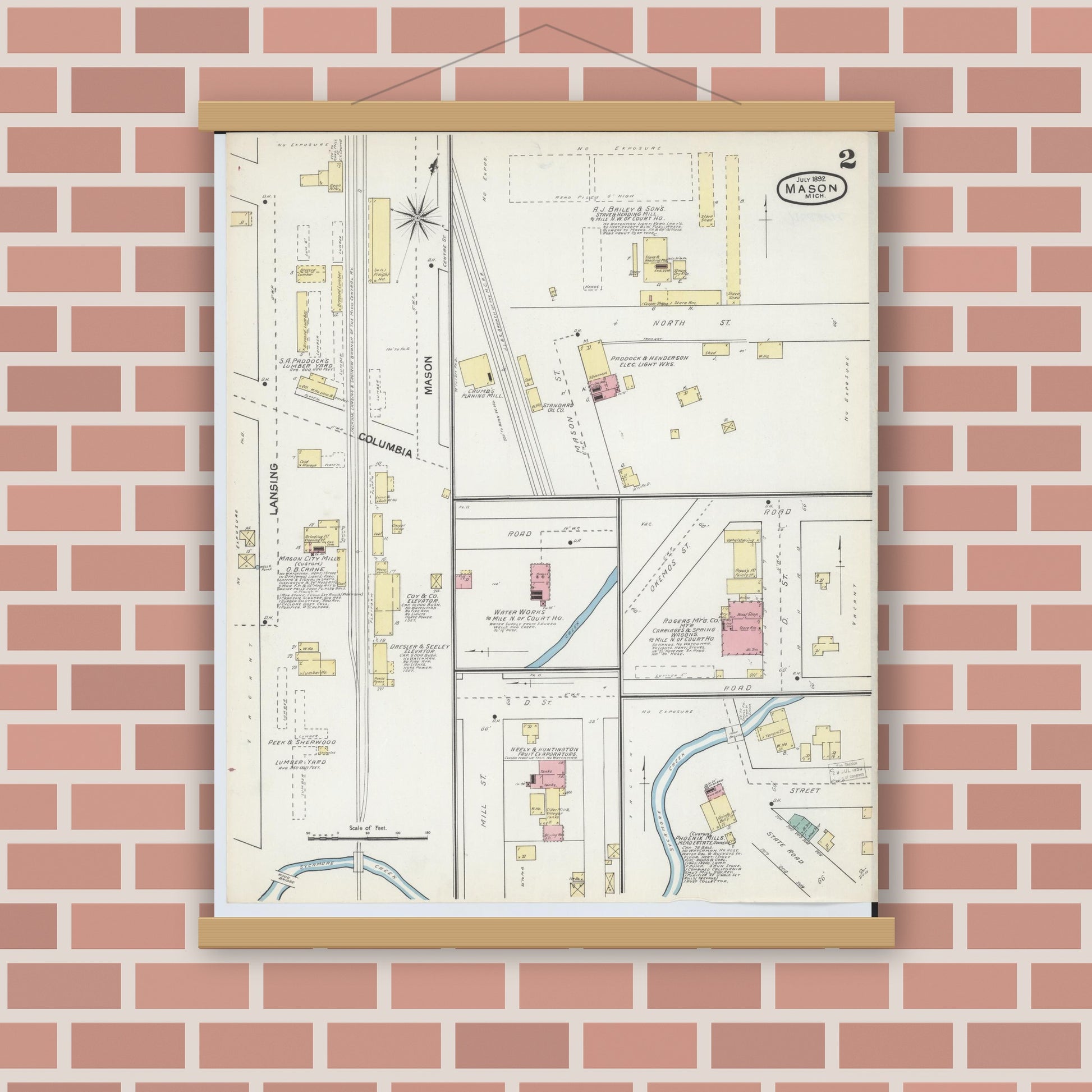 Old map wall art mockup — magnetic wood frame on brick wall — Sanborn Fire Insurance Map from Mason, Ingham County, Michigan (1892), Sheet #0002