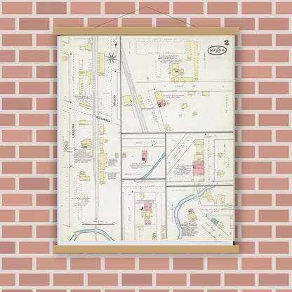 Old map wall art mockup — magnetic wood frame on brick wall — Sanborn Fire Insurance Map from Mason, Ingham County, Michigan (1892), Sheet #0002