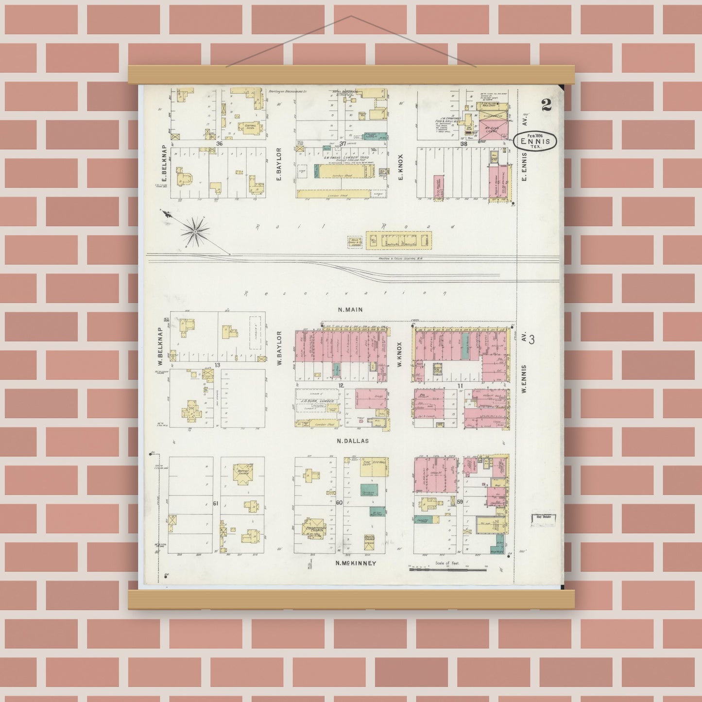 Old map wall art mockup — magnetic wood frame on brick wall — Sanborn Fire Insurance Map from Ennis, Ellis County, Texas (1896), Sheet #0002