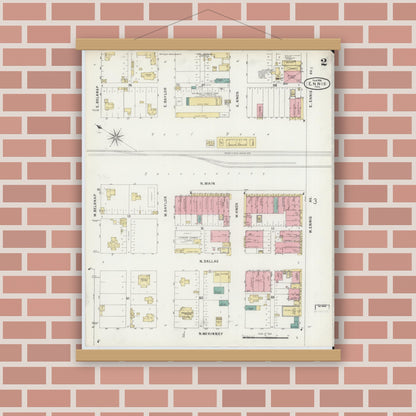 Old map wall art mockup — magnetic wood frame on brick wall — Sanborn Fire Insurance Map from Ennis, Ellis County, Texas (1896), Sheet #0002