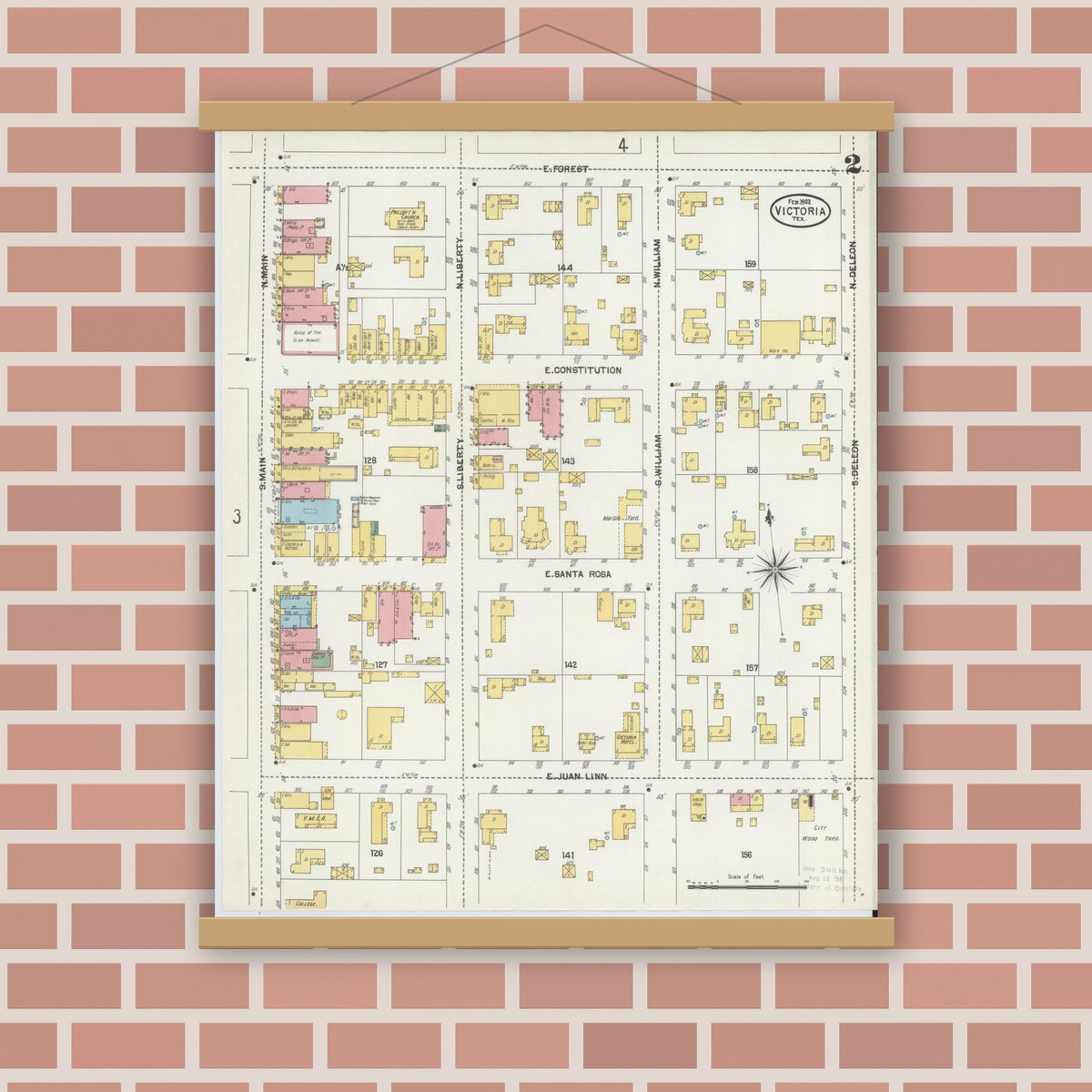 Old map wall art mockup — magnetic wood frame on brick wall — Sanborn Fire Insurance Map from Victoria, Victoria County, Texas (1902), Sheet #0002