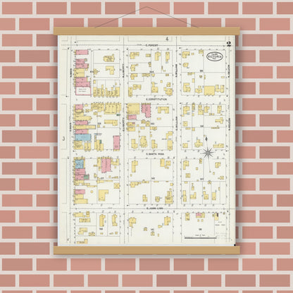 Old map wall art mockup — magnetic wood frame on brick wall — Sanborn Fire Insurance Map from Victoria, Victoria County, Texas (1902), Sheet #0002