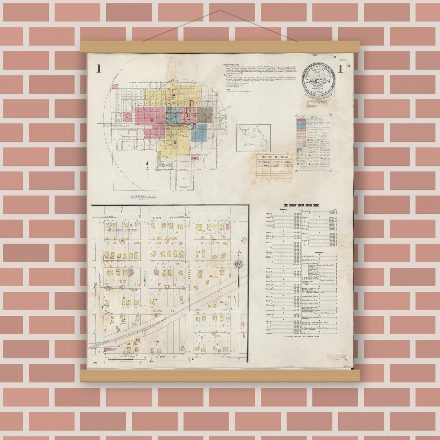 Old map wall art mockup — magnetic wood frame on brick wall — Sanborn Fire Insurance Map from Cameron, Clinton County, Missouri (1944) - Complete Map Set
