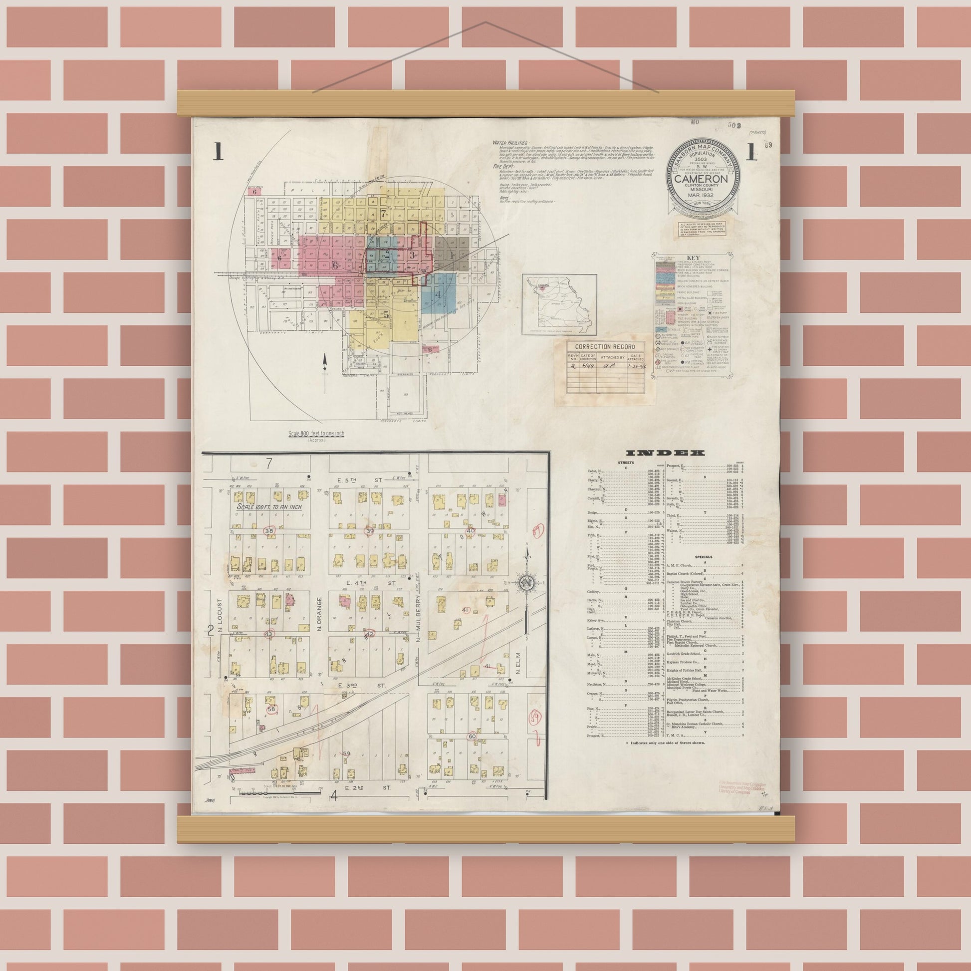 Old map wall art mockup — magnetic wood frame on brick wall — Sanborn Fire Insurance Map from Cameron, Clinton County, Missouri (1944) - Complete Map Set