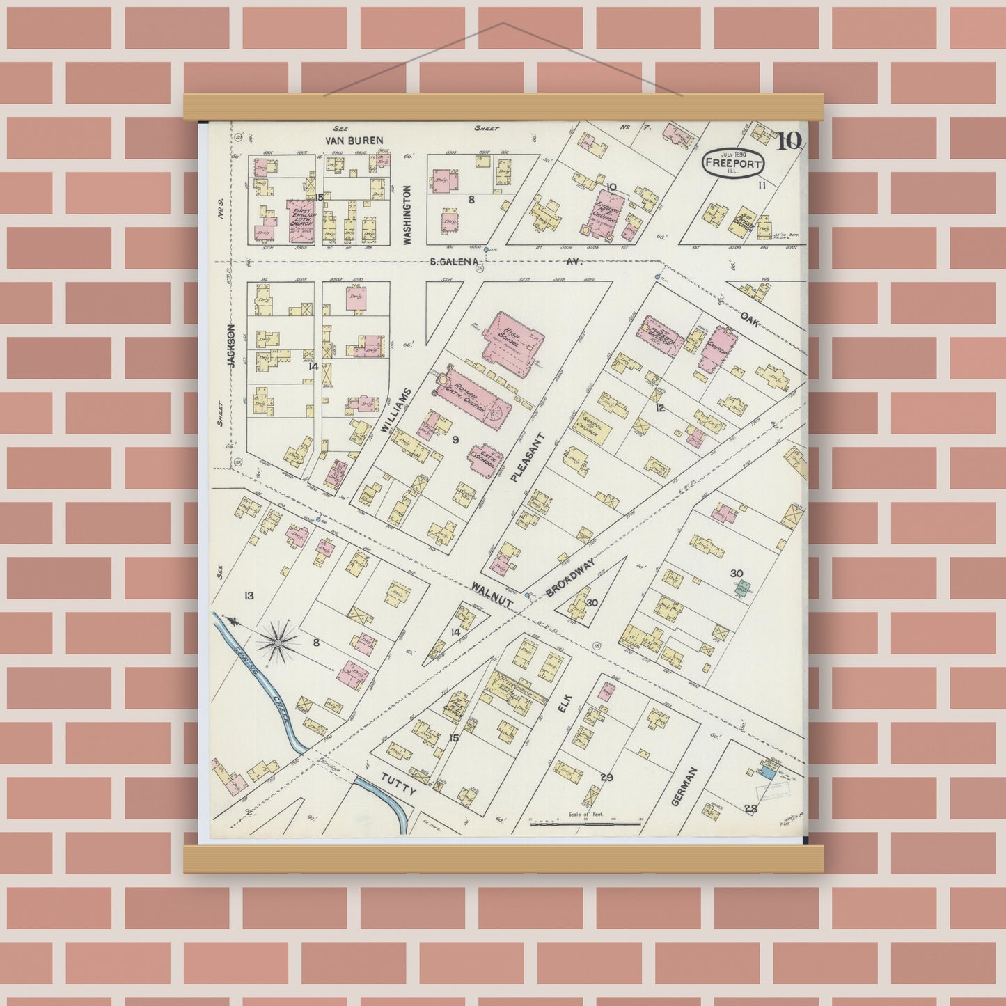 Old map wall art mockup — magnetic wood frame on brick wall — Sanborn Fire Insurance Map from Freeport, Stephenson County, Illinois (1890), Sheet #0010