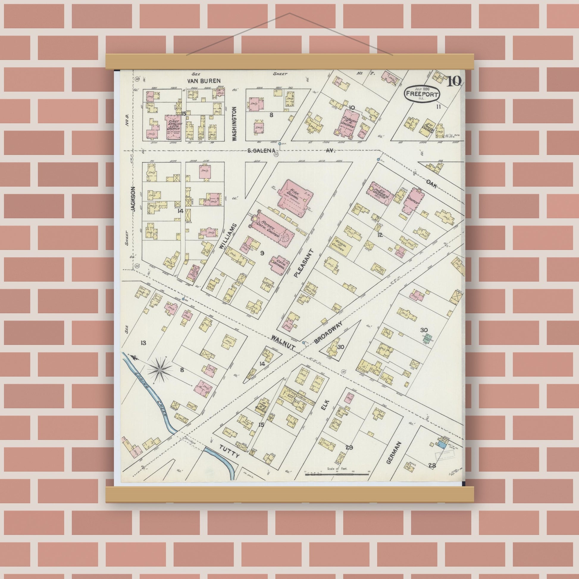 Old map wall art mockup — magnetic wood frame on brick wall — Sanborn Fire Insurance Map from Freeport, Stephenson County, Illinois (1890), Sheet #0010