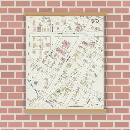 Old map wall art mockup — magnetic wood frame on brick wall — Sanborn Fire Insurance Map from Freeport, Stephenson County, Illinois (1890), Sheet #0010