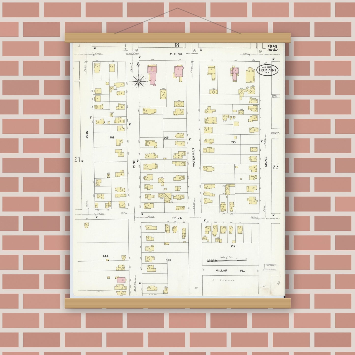 Old map wall art mockup — magnetic wood frame on brick wall — Sanborn Fire Insurance Map from Lockport, Niagara County, New York (1909), Sheet #0022