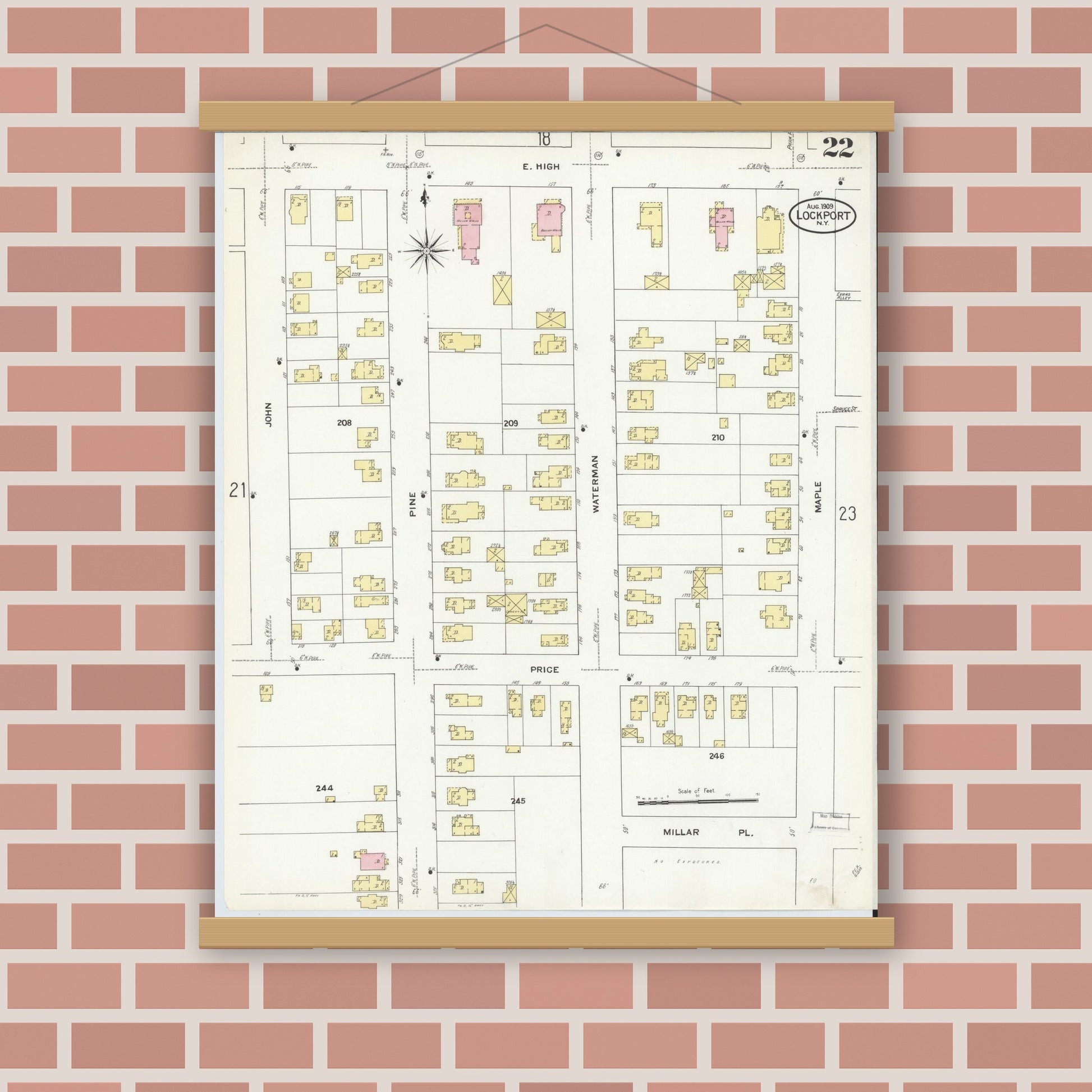 Old map wall art mockup — magnetic wood frame on brick wall — Sanborn Fire Insurance Map from Lockport, Niagara County, New York (1909), Sheet #0022