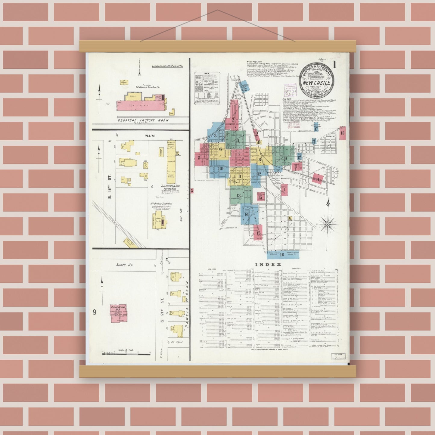 Old map wall art mockup — magnetic wood frame on brick wall — Sanborn Fire Insurance Map from New Castle, Henry County, Indiana (1908), Sheet #0001