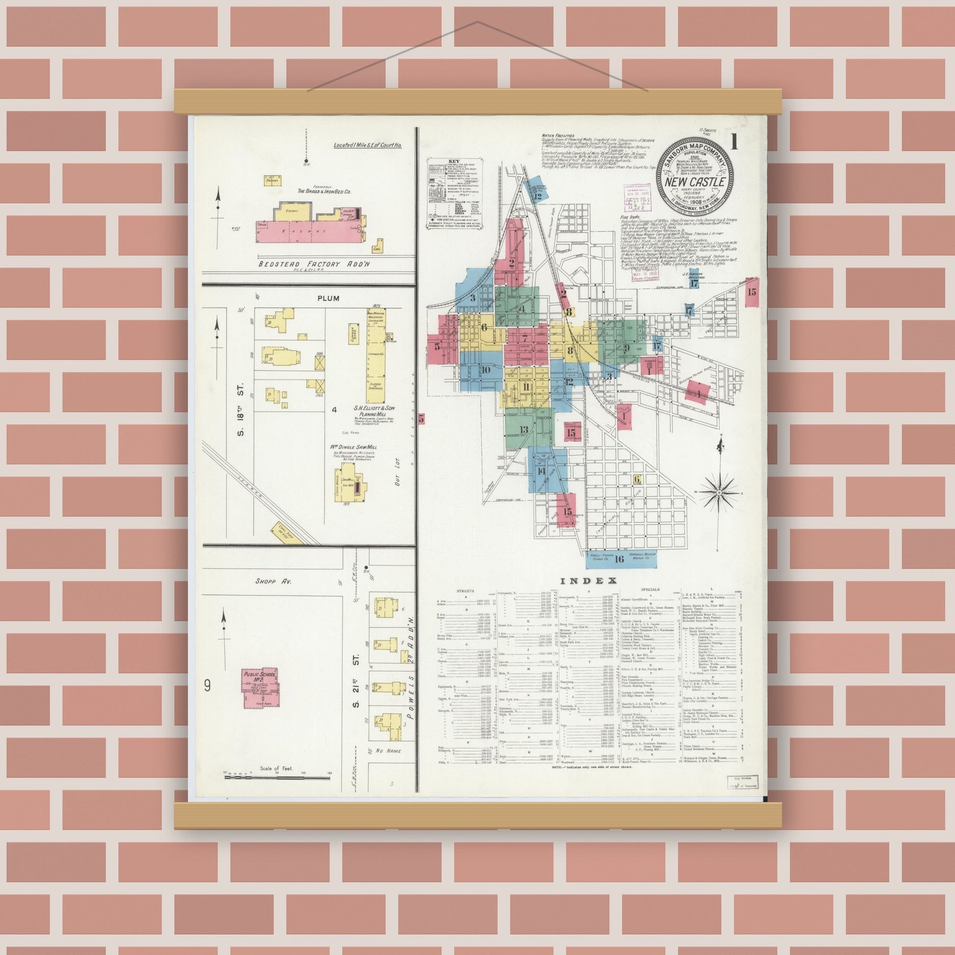 Old map wall art mockup — magnetic wood frame on brick wall — Sanborn Fire Insurance Map from New Castle, Henry County, Indiana (1908), Sheet #0001