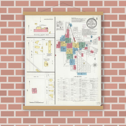 Old map wall art mockup — magnetic wood frame on brick wall — Sanborn Fire Insurance Map from New Castle, Henry County, Indiana (1908), Sheet #0001