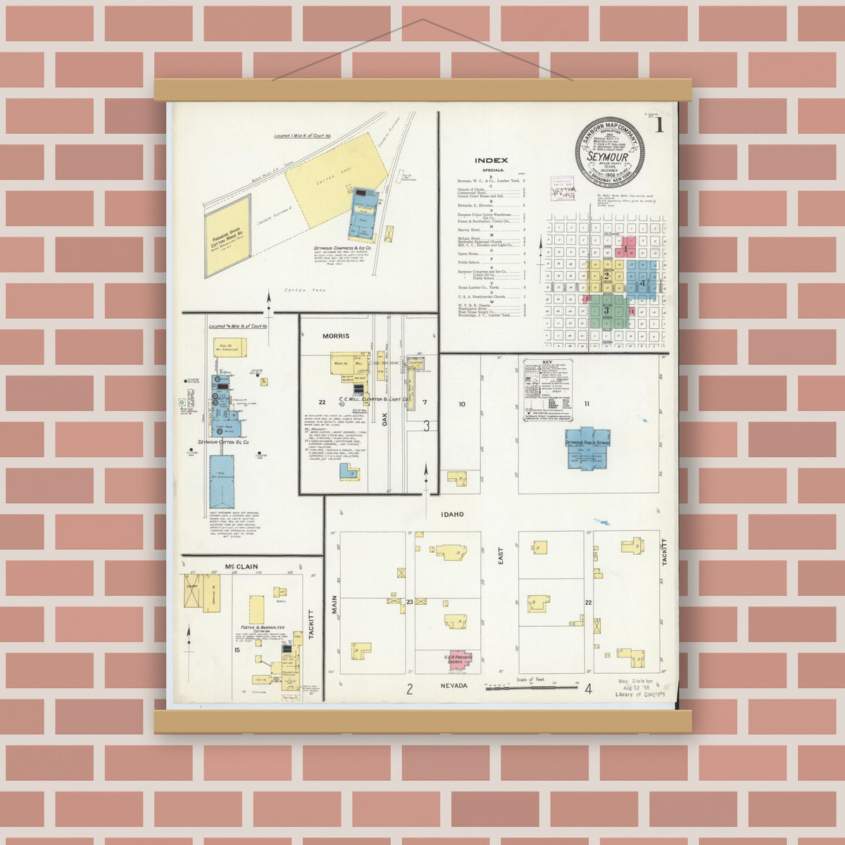 Old map wall art mockup — magnetic wood frame on brick wall — Sanborn Fire Insurance Map from Seymour, Baylor County, Texas (1908), Sheet #0001