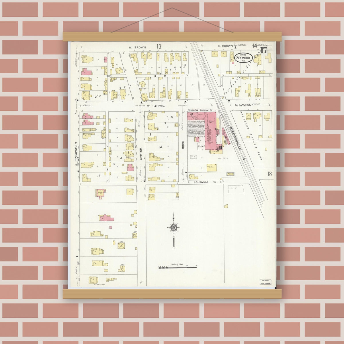 Old map wall art mockup — magnetic wood frame on brick wall — Sanborn Fire Insurance Map from Seymour, Jackson County, Indiana (1913), Sheet #0017